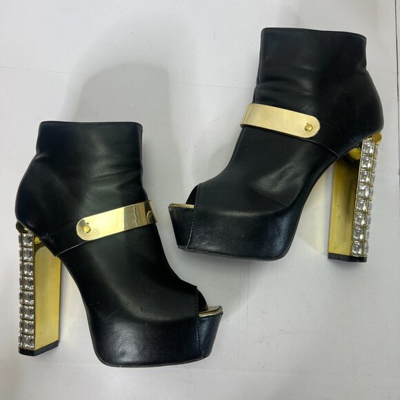 Crystal Platform Boots Block Heel Gold Vegan Leather Platform Stiletto Size 8 - Picture 6 of 7